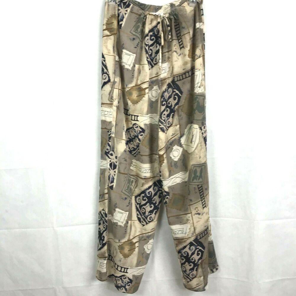 Acko International Pants Womens Sz M Tan Gray Printed‎ Flowy Drawstring Lounge